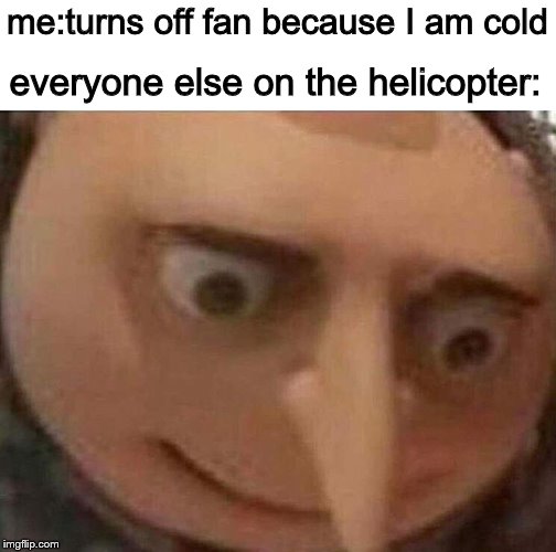 gru meme | everyone else on the helicopter:; me:turns off fan because I am cold | image tagged in gru meme | made w/ Imgflip meme maker