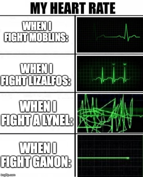 Heartbeat 4step |  WHEN I FIGHT MOBLINS:; WHEN I FIGHT LIZALFOS:; WHEN I FIGHT A LYNEL:; WHEN I FIGHT GANON: | image tagged in heartbeat 4step | made w/ Imgflip meme maker