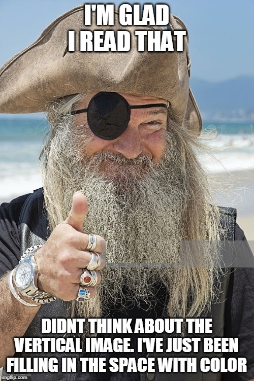 PIRATE THUMBS UP | I'M GLAD I READ THAT DIDNT THINK ABOUT THE VERTICAL IMAGE. I'VE JUST BEEN FILLING IN THE SPACE WITH COLOR | image tagged in pirate thumbs up | made w/ Imgflip meme maker