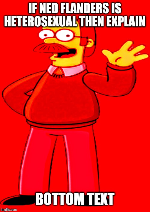Red Ned Redemption | IF NED FLANDERS IS HETEROSEXUAL THEN EXPLAIN; BOTTOM TEXT | image tagged in red ned redemption | made w/ Imgflip meme maker