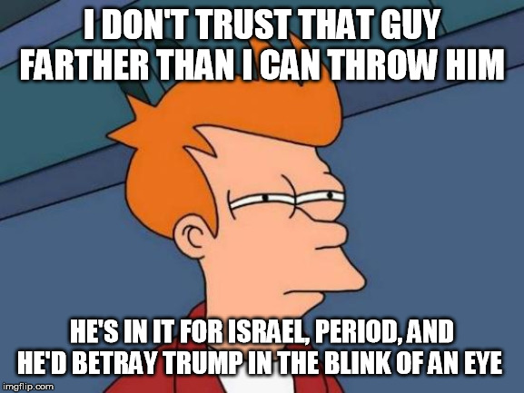 Futurama Fry Meme | I DON'T TRUST THAT GUY FARTHER THAN I CAN THROW HIM HE'S IN IT FOR ISRAEL, PERIOD, AND HE'D BETRAY TRUMP IN THE BLINK OF AN EYE | image tagged in memes,futurama fry | made w/ Imgflip meme maker