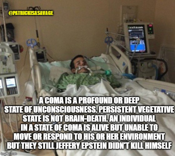 @PATRICKISASAVAGE; A COMA IS A PROFOUND OR DEEP STATE OF UNCONSCIOUSNESS. PERSISTENT VEGETATIVE STATE IS NOT BRAIN-DEATH. AN INDIVIDUAL IN A STATE OF COMA IS ALIVE BUT UNABLE TO MOVE OR RESPOND TO HIS OR HER ENVIRONMENT BUT THEY STILL JEFFERY EPSTEIN DIDN'T KILL HIMSELF | image tagged in jeffrey epstein,funny,funny memes,epstein,medical | made w/ Imgflip meme maker