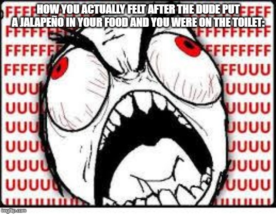 part two of the "i put a jalapeno in your food" meme i made | HOW YOU ACTUALLY FELT AFTER THE DUDE PUT A JALAPEÑO IN YOUR FOOD AND YOU WERE ON THE TOILET: | image tagged in fuuuuuuu | made w/ Imgflip meme maker