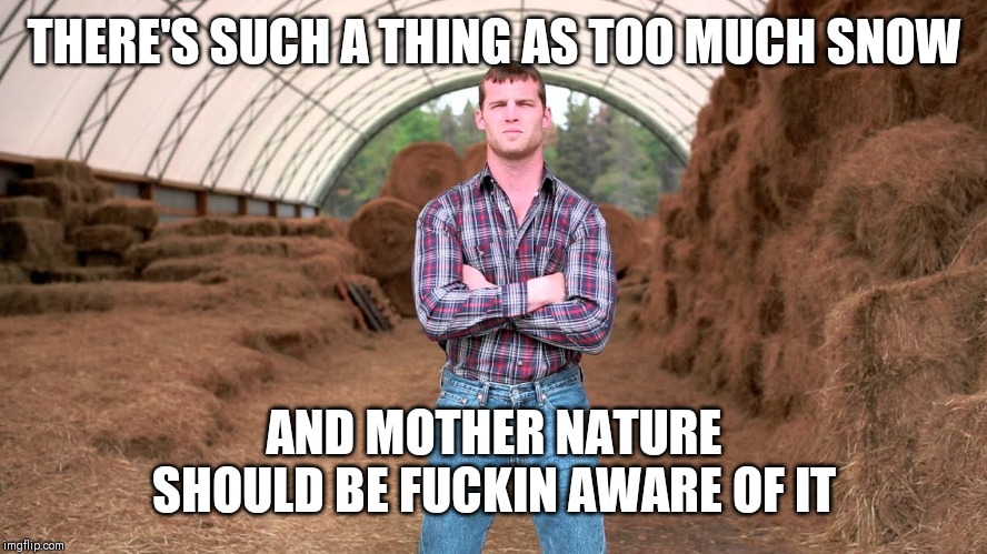 Letterkenny | THERE'S SUCH A THING AS TOO MUCH SNOW; AND MOTHER NATURE SHOULD BE FUCKIN AWARE OF IT | image tagged in letterkenny | made w/ Imgflip meme maker