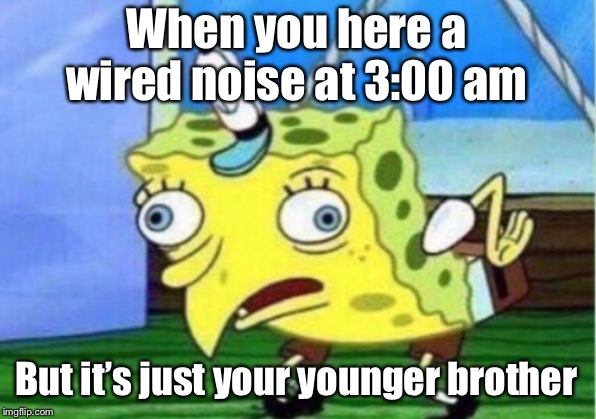 Mocking Spongebob | When you here a wired noise at 3:00 am; But it’s just your younger brother | image tagged in memes,mocking spongebob | made w/ Imgflip meme maker