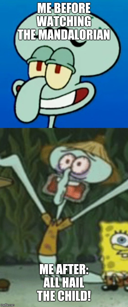 ME BEFORE WATCHING THE MANDALORIAN; ME AFTER: ALL HAIL THE CHILD! | image tagged in squidward | made w/ Imgflip meme maker