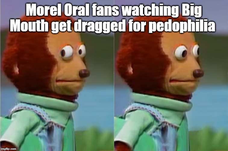puppet Monkey looking away | Morel Oral fans watching Big Mouth get dragged for pedophilia | image tagged in puppet monkey looking away | made w/ Imgflip meme maker