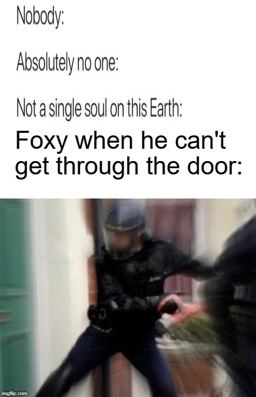 LET ME IIIIIIN |  Foxy when he can't get through the door: | image tagged in fbi door breach,foxy five nights at freddy's,foxy,doors | made w/ Imgflip meme maker