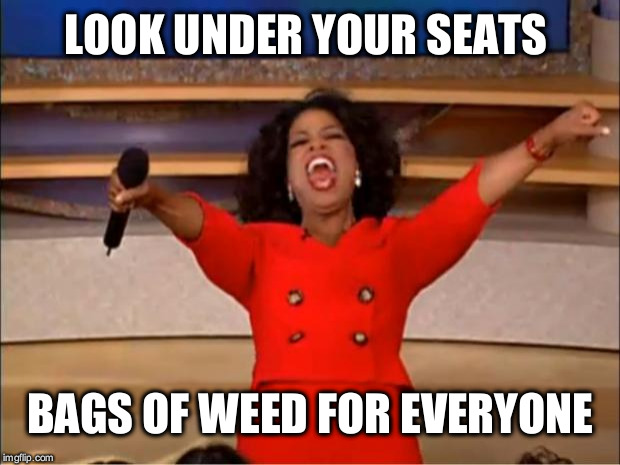 Oprah You Get A | LOOK UNDER YOUR SEATS; BAGS OF WEED FOR EVERYONE | image tagged in memes,oprah you get a | made w/ Imgflip meme maker