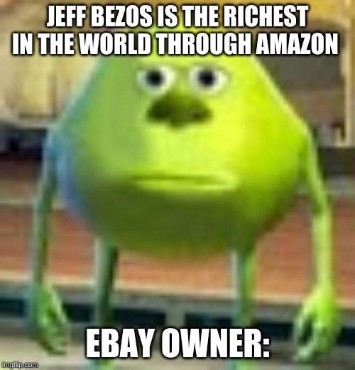 Sully Wazowski | JEFF BEZOS IS THE RICHEST IN THE WORLD THROUGH AMAZON; EBAY OWNER: | image tagged in sully wazowski | made w/ Imgflip meme maker