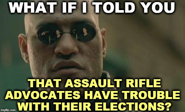 How's your long gun? | WHAT IF I TOLD YOU; THAT ASSAULT RIFLE ADVOCATES HAVE TROUBLE 
WITH THEIR ELECTIONS? | image tagged in memes,matrix morpheus,assault rifle,election | made w/ Imgflip meme maker