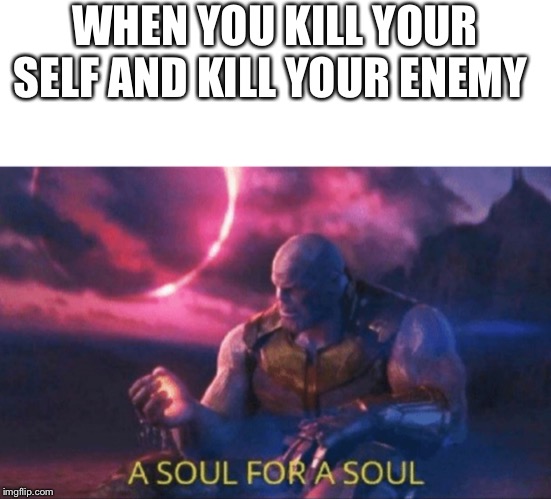 A soul for a soul |  WHEN YOU KILL YOUR SELF AND KILL YOUR ENEMY | image tagged in a soul for a soul | made w/ Imgflip meme maker