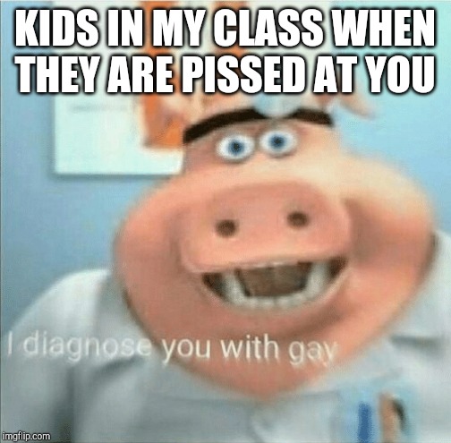 I diagnose you with gay | KIDS IN MY CLASS WHEN THEY ARE PISSED AT YOU | image tagged in i diagnose you with gay | made w/ Imgflip meme maker
