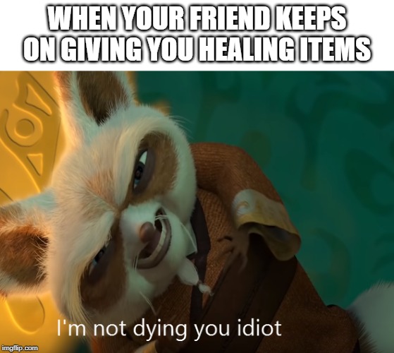 I'm not dying you idiot | WHEN YOUR FRIEND KEEPS ON GIVING YOU HEALING ITEMS | image tagged in i'm not dying you idiot | made w/ Imgflip meme maker