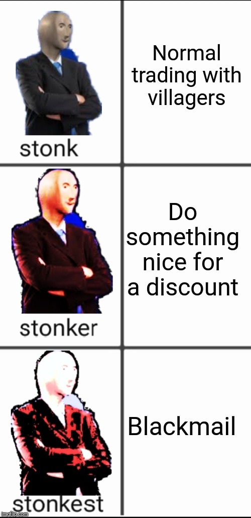 Stonk by level | Normal trading with villagers; Do something nice for a discount; Blackmail | image tagged in stonk by level | made w/ Imgflip meme maker