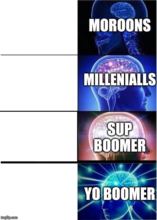 Expanding Brain | MOROONS; MILLENIALLS; SUP BOOMER; YO BOOMER | image tagged in memes,expanding brain | made w/ Imgflip meme maker