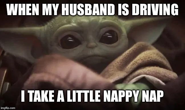Baby Yoda | WHEN MY HUSBAND IS DRIVING; I TAKE A LITTLE NAPPY NAP | image tagged in baby yoda | made w/ Imgflip meme maker