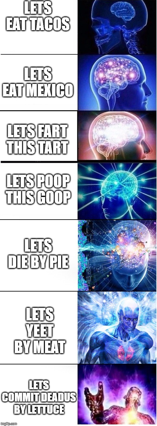 Expanding brain extended 2 | LETS EAT TACOS; LETS EAT MEXICO; LETS FART THIS TART; LETS POOP THIS GOOP; LETS DIE BY PIE; LETS YEET BY MEAT; LETS COMMIT DEADUS BY LETTUCE | image tagged in expanding brain extended 2 | made w/ Imgflip meme maker