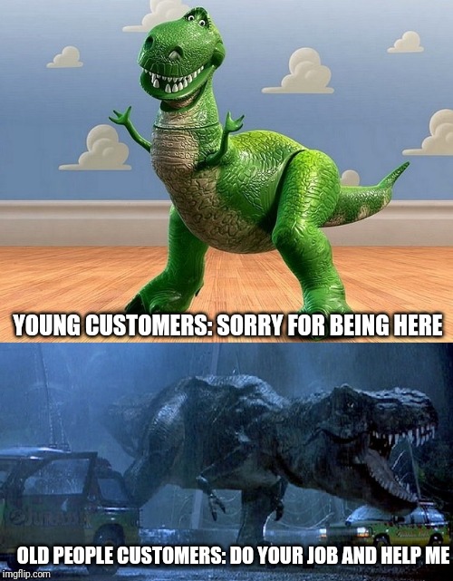 Jurassic Park Toy Story T-Rex | YOUNG CUSTOMERS: SORRY FOR BEING HERE; OLD PEOPLE CUSTOMERS: DO YOUR JOB AND HELP ME | image tagged in jurassic park toy story t-rex,retail,trex | made w/ Imgflip meme maker