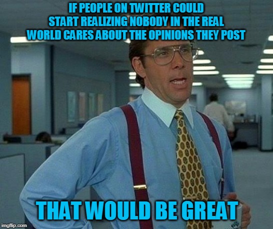 Trying Too Hard | IF PEOPLE ON TWITTER COULD START REALIZING NOBODY IN THE REAL WORLD CARES ABOUT THE OPINIONS THEY POST; THAT WOULD BE GREAT | image tagged in memes,that would be great,politics,twitter,critical,expectation vs reality | made w/ Imgflip meme maker