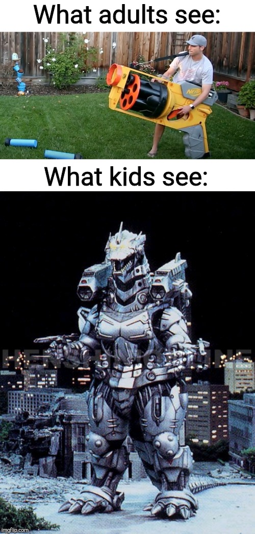 What adults see:; What kids see: | image tagged in biggest nerf gun,kiryu | made w/ Imgflip meme maker