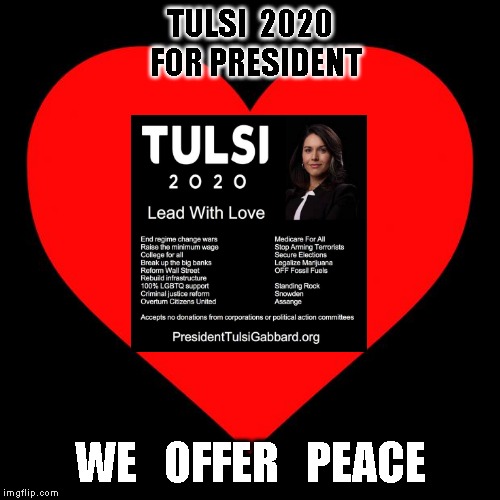 Heart | TULSI  2020   FOR PRESIDENT; WE   OFFER   PEACE | image tagged in heart | made w/ Imgflip meme maker