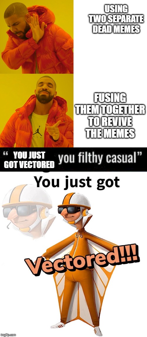 The ultimate meme | USING TWO SEPARATE DEAD MEMES; FUSING THEM TOGETHER TO REVIVE THE MEMES; YOU JUST GOT VECTORED | image tagged in memes,drake hotline bling | made w/ Imgflip meme maker