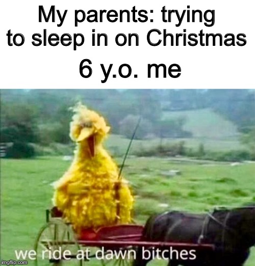 Big Bird | My parents: trying to sleep in on Christmas; 6 y.o. me | image tagged in big bird | made w/ Imgflip meme maker