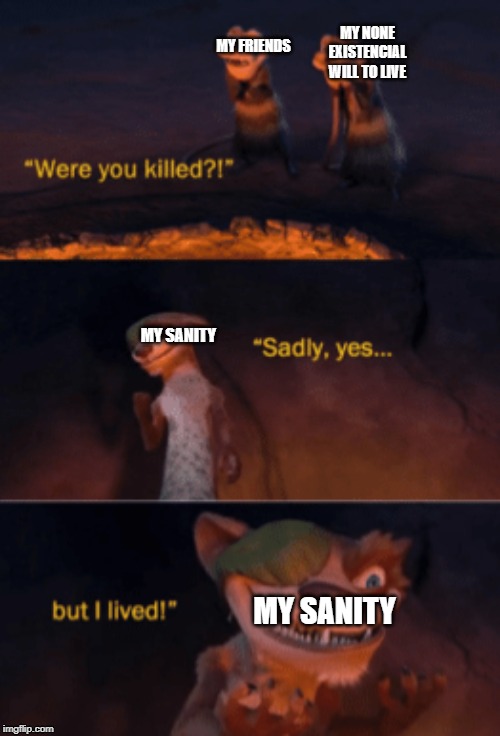 Everytime xD | MY NONE EXISTENCIAL WILL TO LIVE; MY FRIENDS; MY SANITY; MY SANITY | image tagged in were you killed,will to live,insanity | made w/ Imgflip meme maker