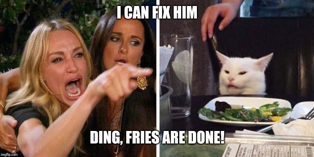 Smudge the cat | I CAN FIX HIM; DING, FRIES ARE DONE! | image tagged in smudge the cat | made w/ Imgflip meme maker