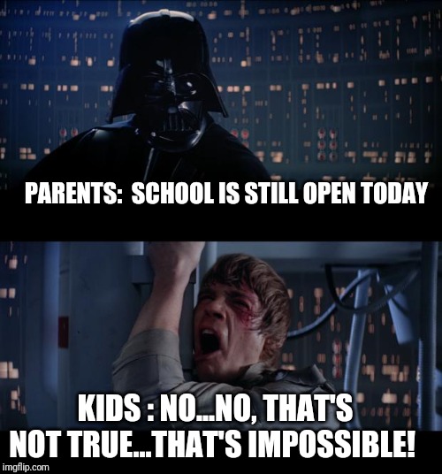 Star Wars No Meme | PARENTS:  SCHOOL IS STILL OPEN TODAY; KIDS : NO...NO, THAT'S NOT TRUE...THAT'S IMPOSSIBLE! | image tagged in memes,star wars no | made w/ Imgflip meme maker