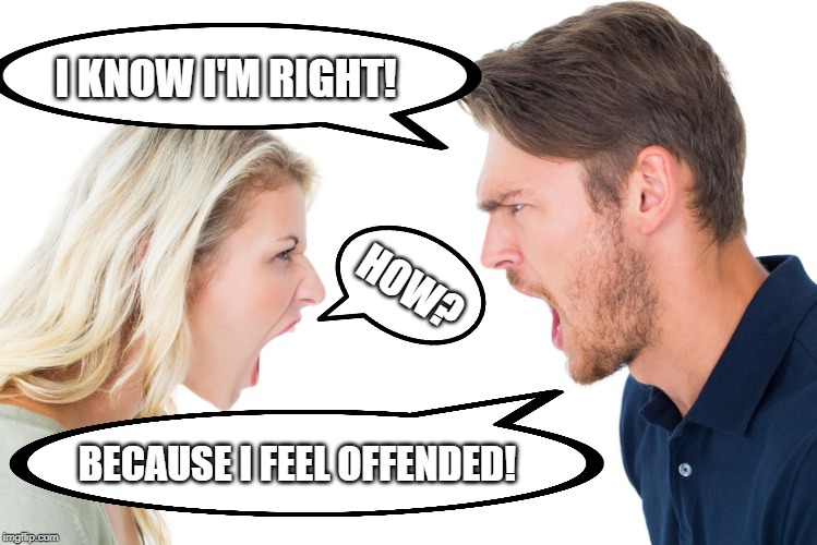 Free Speech | I KNOW I'M RIGHT! HOW? BECAUSE I FEEL OFFENDED! | image tagged in free speech | made w/ Imgflip meme maker