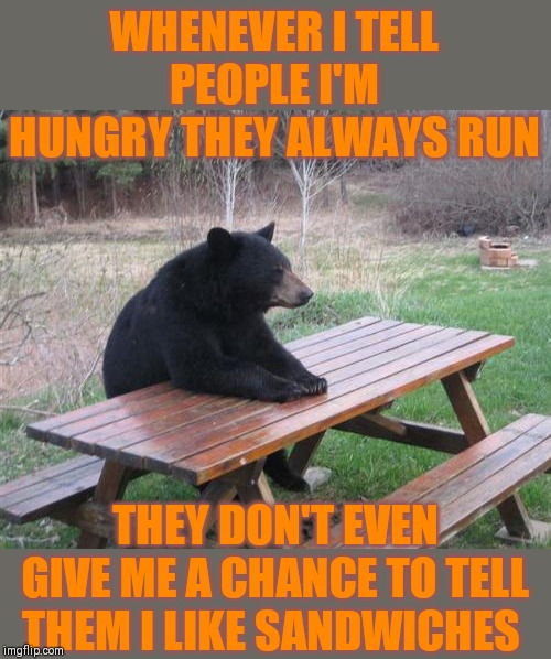 And chips... and fish... and marshmallows... and chocolate... |  WHENEVER I TELL PEOPLE I'M HUNGRY THEY ALWAYS RUN; THEY DON'T EVEN GIVE ME A CHANCE TO TELL THEM I LIKE SANDWICHES | image tagged in memes,bad luck bear,camping,picnic,44colt,food | made w/ Imgflip meme maker