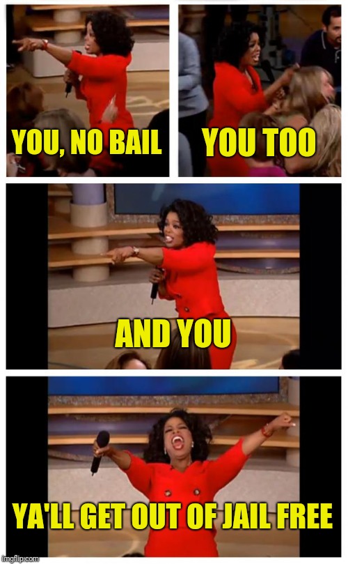 Oprah You Get A Car Everybody Gets A Car | YOU, NO BAIL; YOU TOO; AND YOU; YA'LL GET OUT OF JAIL FREE | image tagged in memes,oprah you get a car everybody gets a car | made w/ Imgflip meme maker
