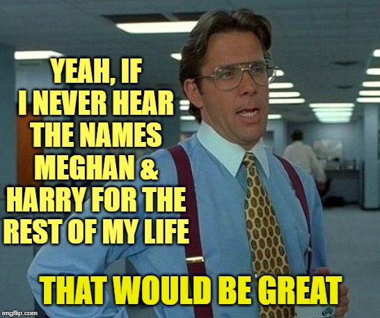 That Would Be Great | YEAH, IF I NEVER HEAR THE NAMES MEGHAN & HARRY FOR THE REST OF MY LIFE; THAT WOULD BE GREAT | image tagged in memes,that would be great | made w/ Imgflip meme maker
