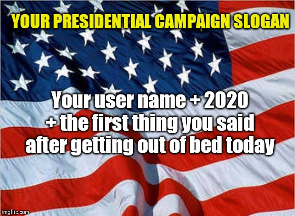 What's your campaign slogan? | YOUR PRESIDENTIAL CAMPAIGN SLOGAN; Your user name + 2020 + the first thing you said after getting out of bed today | image tagged in usa flag,presidential election,fun,we dont have to be serious all the time,american politics | made w/ Imgflip meme maker