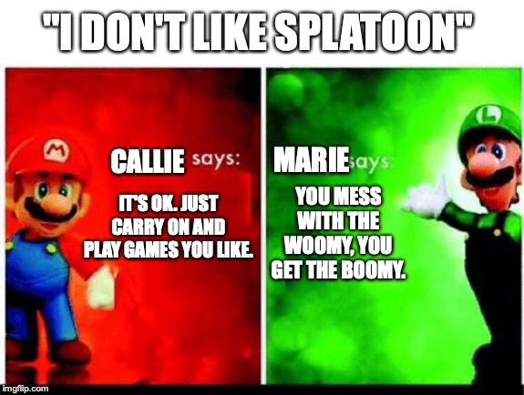I don't like Splatoon. | "I DON'T LIKE SPLATOON"; MARIE; CALLIE; YOU MESS WITH THE WOOMY, YOU GET THE BOOMY. IT'S OK. JUST CARRY ON AND PLAY GAMES YOU LIKE. | image tagged in mario vs luigi | made w/ Imgflip meme maker