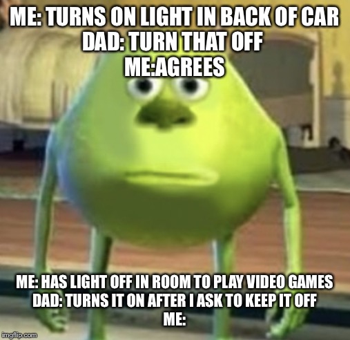 Relatable | ME: TURNS ON LIGHT IN BACK OF CAR
DAD: TURN THAT OFF 
ME:AGREES; ME: HAS LIGHT OFF IN ROOM TO PLAY VIDEO GAMES
DAD: TURNS IT ON AFTER I ASK TO KEEP IT OFF
ME: | image tagged in seriously,mike wazowski | made w/ Imgflip meme maker