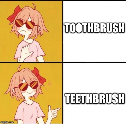 You brush more than one tooth so it should be plural unless you only have one tooth | TOOTHBRUSH; TEETHBRUSH | image tagged in sayori drake | made w/ Imgflip meme maker