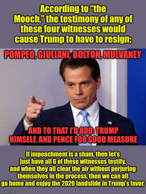 Perhaps the one and only time I’ll ever cite Anthony Scaramucci with approval. | According to “the Mooch,” the testimony of any of these four witnesses would cause Trump to have to resign:; POMPEO, GIULIANI, BOLTON, MULVANEY; AND TO THAT I’D ADD: TRUMP HIMSELF, AND PENCE FOR GOOD MEASURE; If impeachment is a sham, then let’s just have all 6 of these witnesses testify. and when they all clear the air without perjuring themselves in the process, then we can all go home and enjoy the 2020 landslide in Trump’s favor. | image tagged in scaramucci calls out fake news,trump impeachment,impeach trump,rudy giuliani,mike pence,witnesses | made w/ Imgflip meme maker
