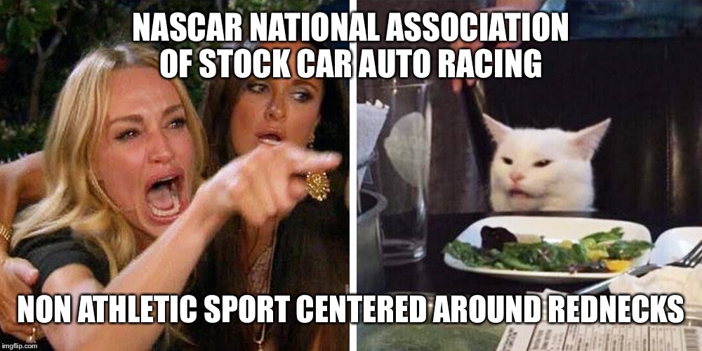 Smudge the cat | NASCAR NATIONAL ASSOCIATION OF STOCK CAR AUTO RACING; NON ATHLETIC SPORT CENTERED AROUND REDNECKS | image tagged in smudge the cat | made w/ Imgflip meme maker