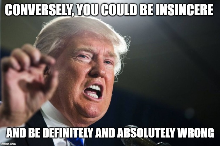 donald trump | CONVERSELY, YOU COULD BE INSINCERE AND BE DEFINITELY AND ABSOLUTELY WRONG | image tagged in donald trump | made w/ Imgflip meme maker