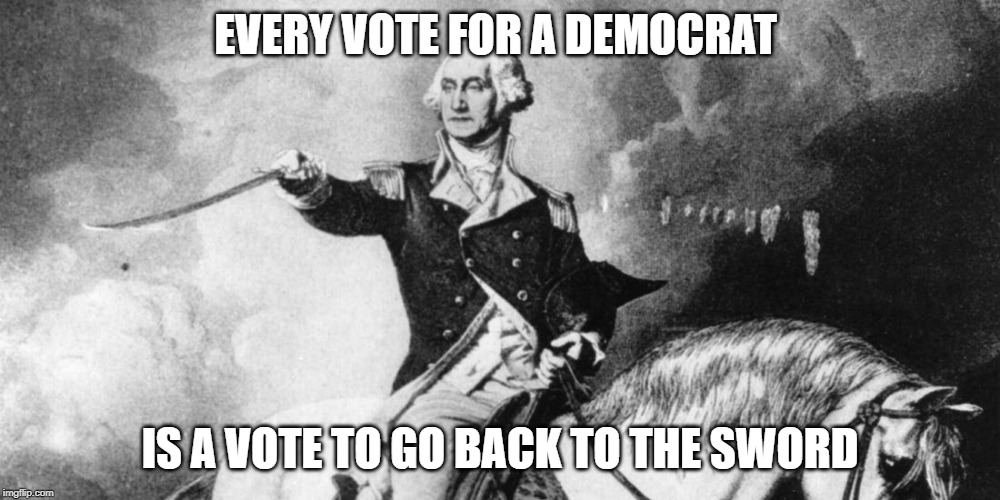 EVERY VOTE FOR A DEMOCRAT; IS A VOTE TO GO BACK TO THE SWORD | image tagged in george washington,sword,gun control | made w/ Imgflip meme maker