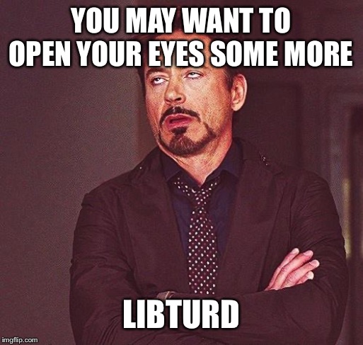 Robert Downey Jr Annoyed | YOU MAY WANT TO OPEN YOUR EYES SOME MORE LIBTURD | image tagged in robert downey jr annoyed | made w/ Imgflip meme maker