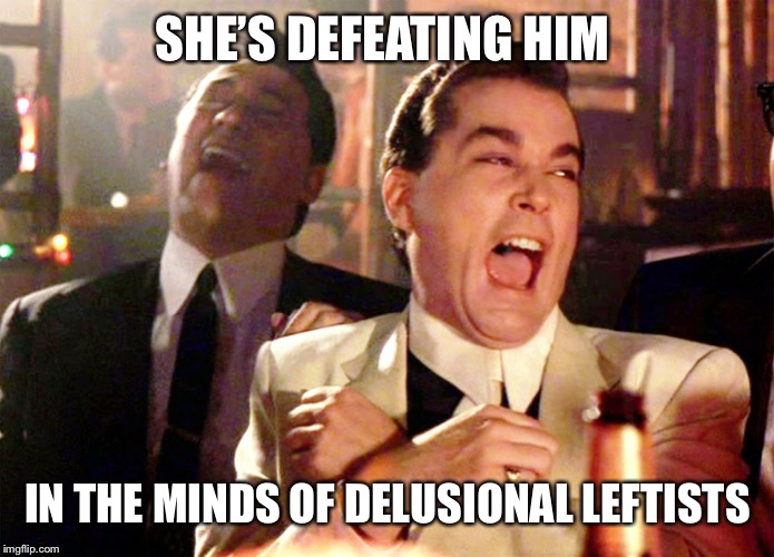 Good Fellas Hilarious Meme | SHE’S DEFEATING HIM IN THE MINDS OF DELUSIONAL LEFTISTS | image tagged in memes,good fellas hilarious | made w/ Imgflip meme maker