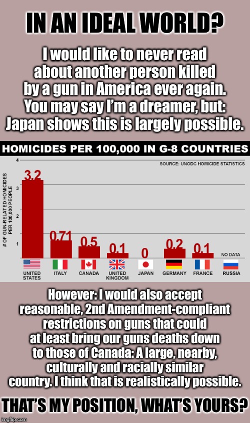 My stance on gun control in a nutshell. | IN AN IDEAL WORLD? I would like to never read about another person killed by a gun in America ever again. You may say I’m a dreamer, but: Japan shows this is largely possible. However: I would also accept reasonable, 2nd Amendment-compliant restrictions on guns that could at least bring our guns deaths down to those of Canada: A large, nearby, culturally and racially similar country. I think that is realistically possible. THAT’S MY POSITION, WHAT’S YOURS? | image tagged in gun deaths in g-8 countries,second amendment,gun control,gun laws,murder,gun violence | made w/ Imgflip meme maker