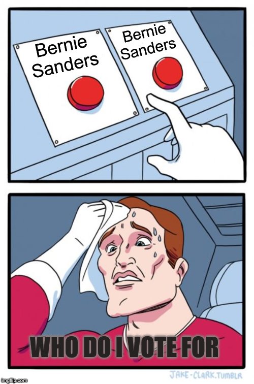 Two Buttons Meme | Bernie Sanders; Bernie Sanders; WHO DO I VOTE FOR | image tagged in memes,two buttons,bernie sanders,donald trump | made w/ Imgflip meme maker