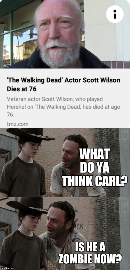 R.I.P. SCOTT WILSON. ONE OF MY FAVORITE CHARACTERS FROM THE SHOW. | WHAT DO YA THINK CARL? IS HE A ZOMBIE NOW? | image tagged in memes,rick and carl long,walking dead | made w/ Imgflip meme maker
