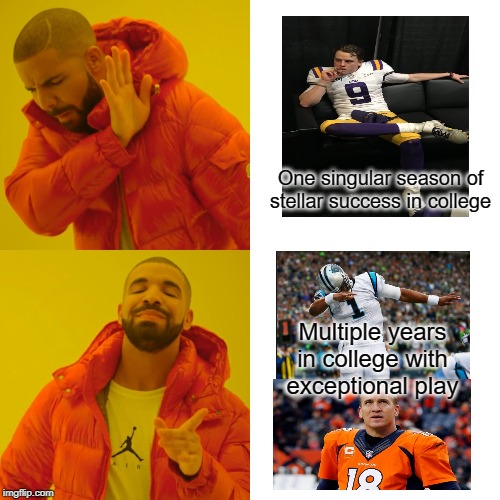 What Makes a Great NFL QB....... | One singular season of stellar success in college; Multiple years in college with exceptional play | image tagged in memes,drake hotline bling | made w/ Imgflip meme maker