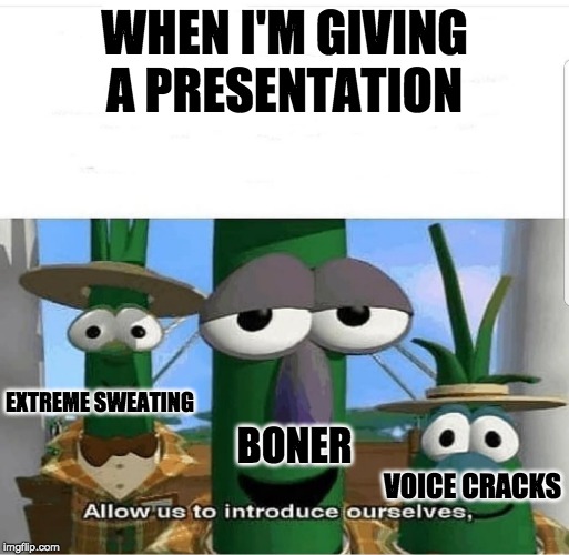 Allow us to introduce ourselves | WHEN I'M GIVING A PRESENTATION; EXTREME SWEATING; BONER; VOICE CRACKS | image tagged in allow us to introduce ourselves | made w/ Imgflip meme maker